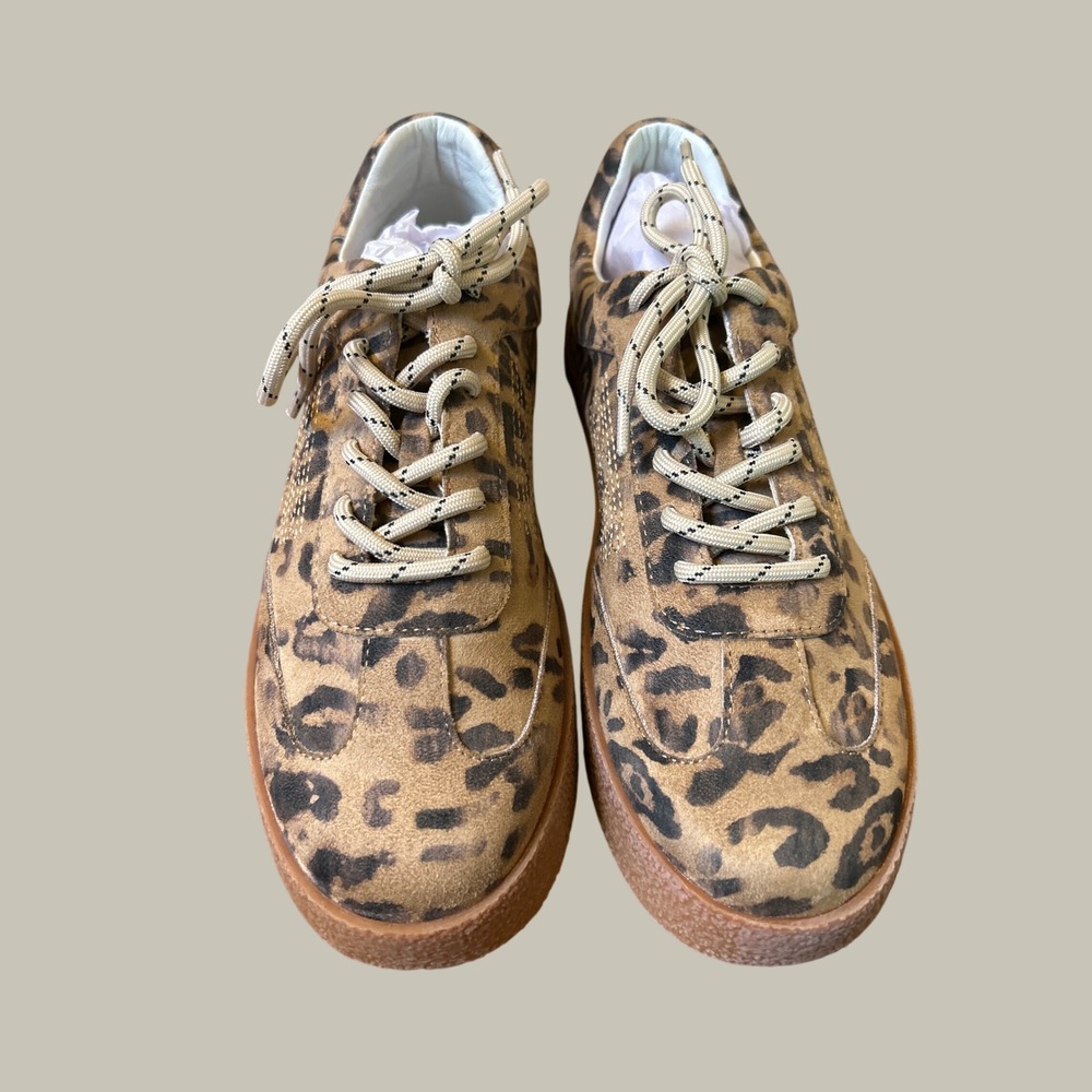 Mi.im Womens Leopard Print Platform Sneakers Star Studded Lace Up Tan Brown 8.5
